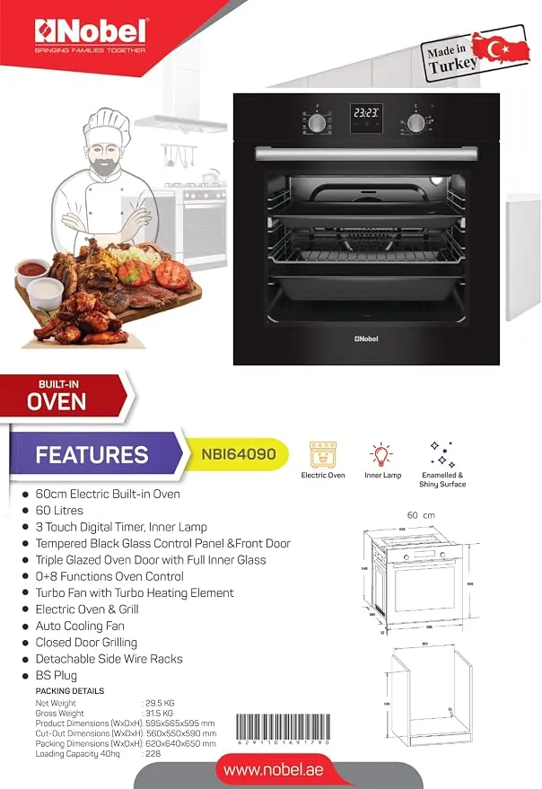 Nobel NBI64090 60L Electric Built-In Oven – Black Glass Front with Turbo Fan Heating, Electric Oven & Grill, 8 Cooking Functions, 3 Touch Digital Timer, Triple Glazed Door, Inner Lamp & Auto Cooling Fan