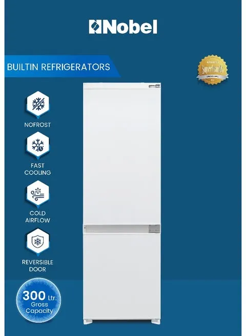 Nobel NBR300 Double Door Built-in Refrigerator – 256L Gross / 243L Net Capacity Bottom Freezer No Frost Refrigerator with R600a Refrigerant, Glass Shelves, LED Interior Light, Reversible Door & Energy Saving Cooling – White