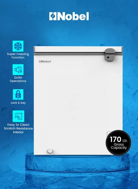 Nobel NCF170NI 150L Chest Freezer – 137L Net Capacity Single Door Deep Freezer with High Efficiency Compressor, R600a Refrigerant, Fast Freezing Function, LED Interior Light, Lock & Key, Metal Basket, Inner Divider & White Finish