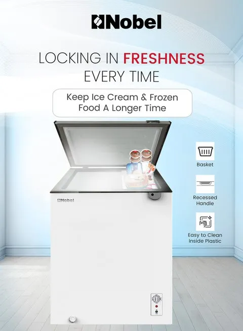 Nobel NCF170NI 150L Chest Freezer – 137L Net Capacity Single Door Deep Freezer with High Efficiency Compressor, R600a Refrigerant, Fast Freezing Function, LED Interior Light, Lock & Key, Metal Basket, Inner Divider & White Finish 4