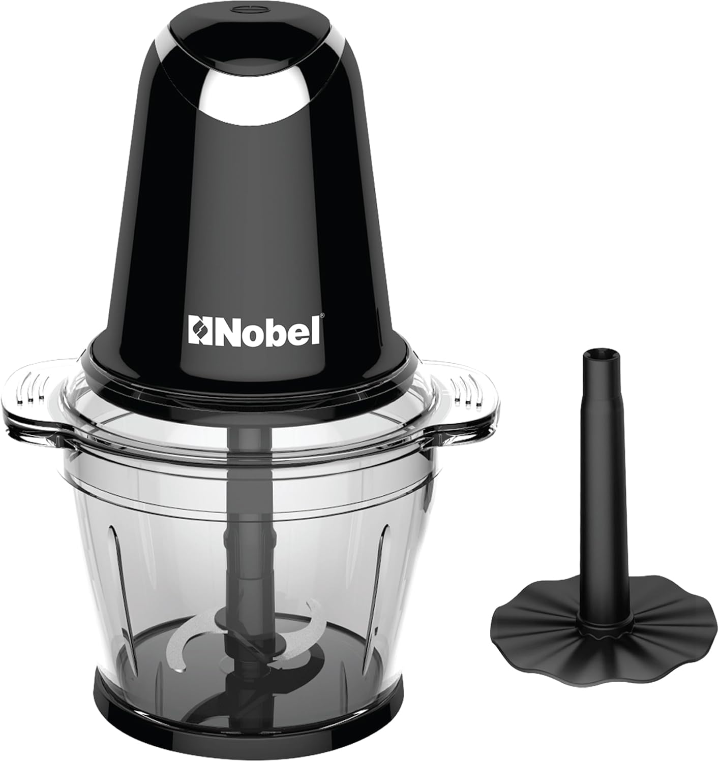 Nobel NCFP363 1L Electric Food Chopper, 600W Motor, Double Sharp Stainless-Steel Blades with Protective Cover, Thick Glass Bowl, Chrome Push Button, Metal Gear Drive, Black