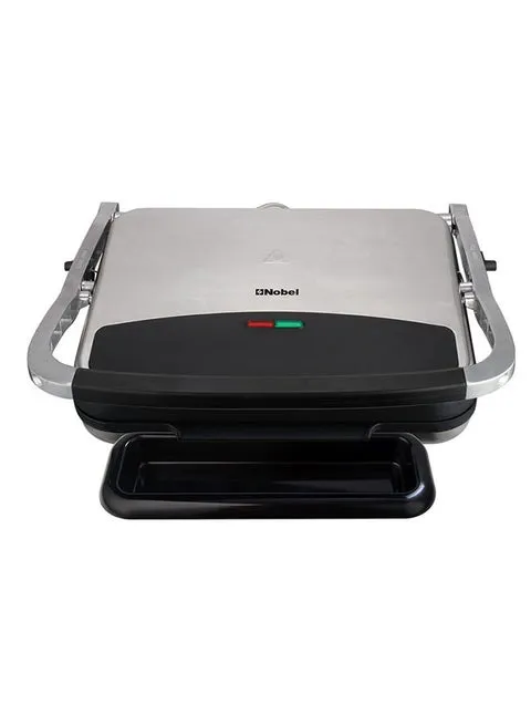 Nobel NCG100 2000W Electric Contact Grill & Barbecue Grill – Silver/Black Panini Maker with Fixed Temperature Control, BBQ Grill Plate, Ready Light, Power Indicator & High Heat Performance