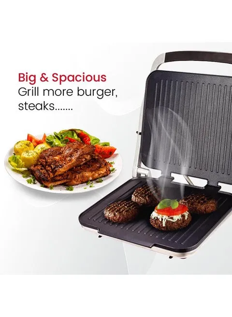Nobel NCG100 2000W Electric Contact Grill & Barbecue Grill – Silver/Black Panini Maker with Fixed Temperature Control, BBQ Grill Plate, Ready Light, Power Indicator & High Heat Performance 4