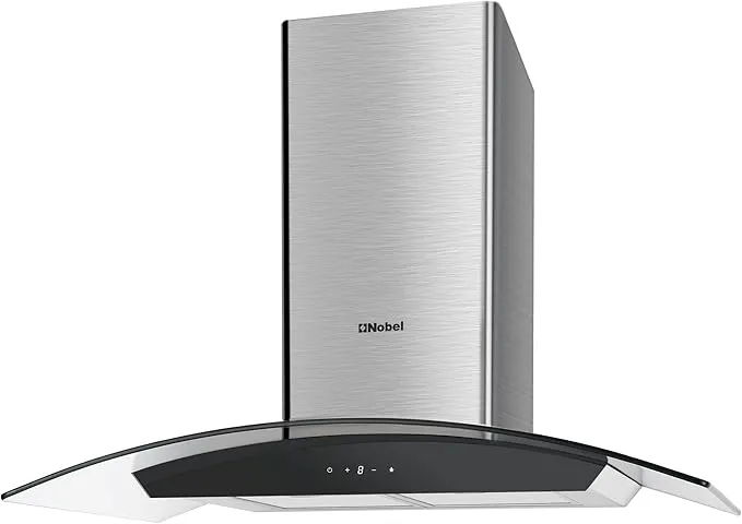Nobel NCH90CG 90cm Chimney Built-in Cooker Hood – Stainless Steel Kitchen Range Hood with Tempered Glass Design, Touch Control, Digital Display, 3 Speed Settings, LED Lights, Baffle Filters & 750m³/h Powerful Extraction – Silver