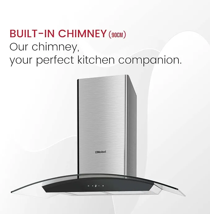 Nobel NCH90CG 90cm Chimney Built-in Cooker Hood – Stainless Steel Kitchen Range Hood with Tempered Glass Design, Touch Control, Digital Display, 3 Speed Settings, LED Lights, Baffle Filters & 750m³/h Powerful Extraction – Silver