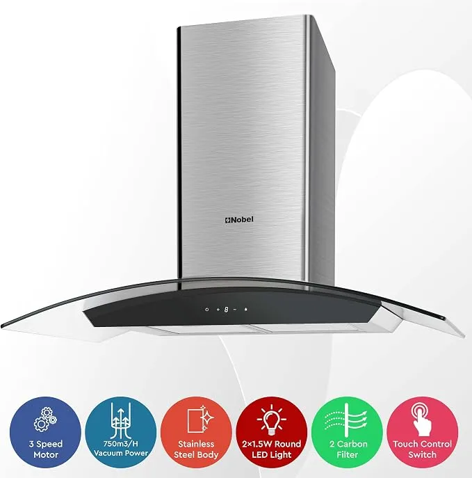 Nobel NCH90CG 90cm Chimney Built-in Cooker Hood – Stainless Steel Kitchen Range Hood with Tempered Glass Design, Touch Control, Digital Display, 3 Speed Settings, LED Lights, Baffle Filters & 750m³/h Powerful Extraction – Silver 3