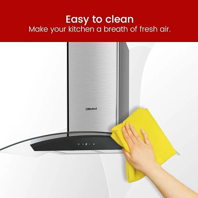 Nobel NCH90CG 90cm Chimney Built-in Cooker Hood – Stainless Steel Kitchen Range Hood with Tempered Glass Design, Touch Control, Digital Display, 3 Speed Settings, LED Lights, Baffle Filters & 750m³/h Powerful Extraction – Silver 4