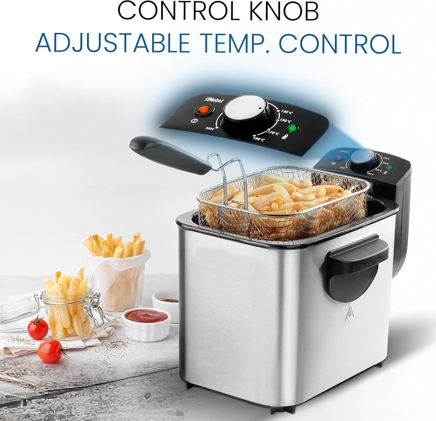 Nobel NDF8G Deep Fryer, 4L Oil Capacity, 700g Food Capacity, 2500W–3000W Heating Power, Detachable Enamel Oil Tank, Adjustable Temperature Control, Dishwasher-Safe Removable Parts, Stainless-Steel Finish, Silver/Black 2