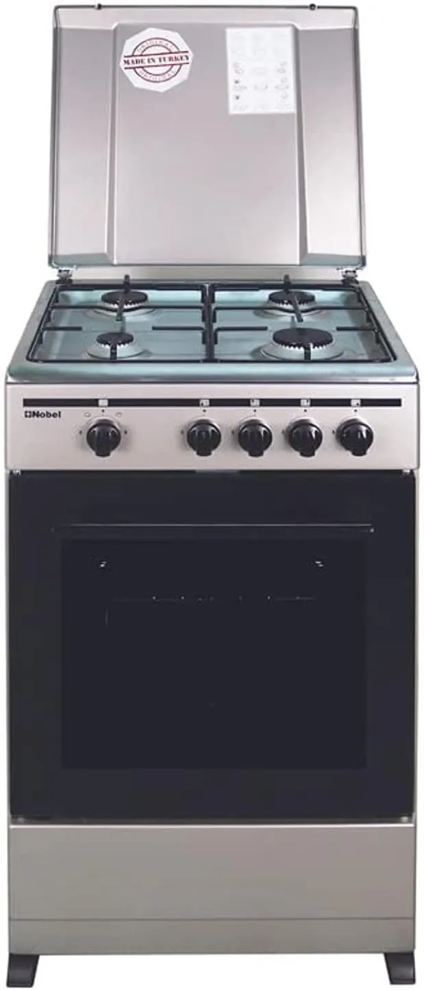 Nobel NGC5000S 50×50 Gas Cooker – 4 Burner Freestanding Gas Range with Gas Oven & Grill, Stainless Steel Top Plate, Enamel Pan Supports, Black Glass Oven Door, Metal Lid & Silver Finish