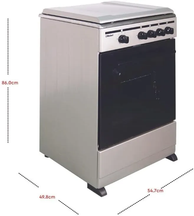 Nobel NGC5000S 50×50 Gas Cooker – 4 Burner Freestanding Gas Range with Gas Oven & Grill, Stainless Steel Top Plate, Enamel Pan Supports, Black Glass Oven Door, Metal Lid & Silver Finish