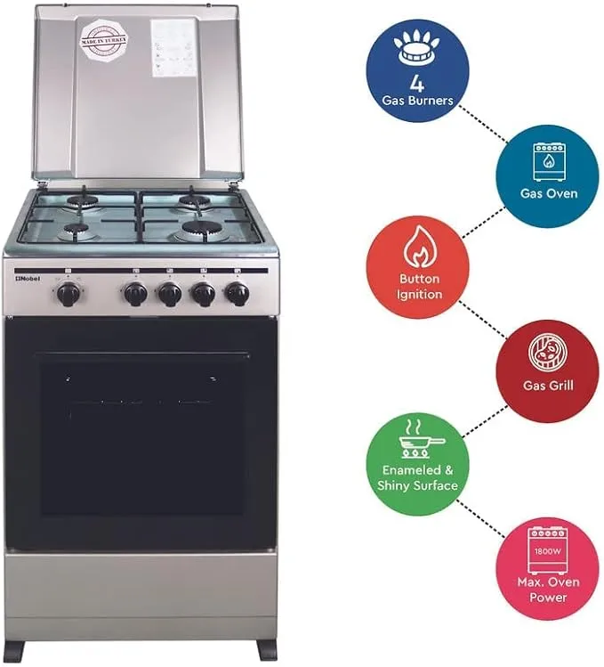 Nobel NGC5000S 50×50 Gas Cooker – 4 Burner Freestanding Gas Range with Gas Oven & Grill, Stainless Steel Top Plate, Enamel Pan Supports, Black Glass Oven Door, Metal Lid & Silver Finish 3