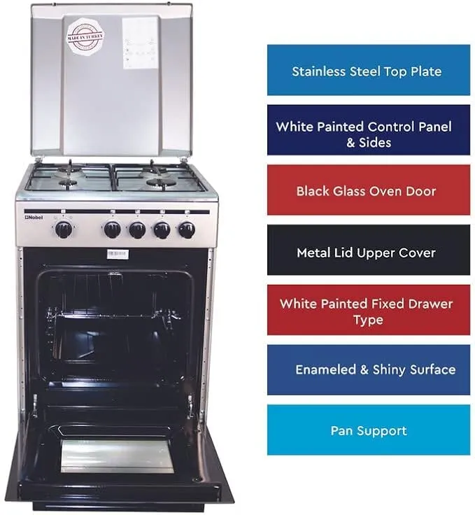 Nobel NGC5000S 50×50 Gas Cooker – 4 Burner Freestanding Gas Range with Gas Oven & Grill, Stainless Steel Top Plate, Enamel Pan Supports, Black Glass Oven Door, Metal Lid & Silver Finish 4