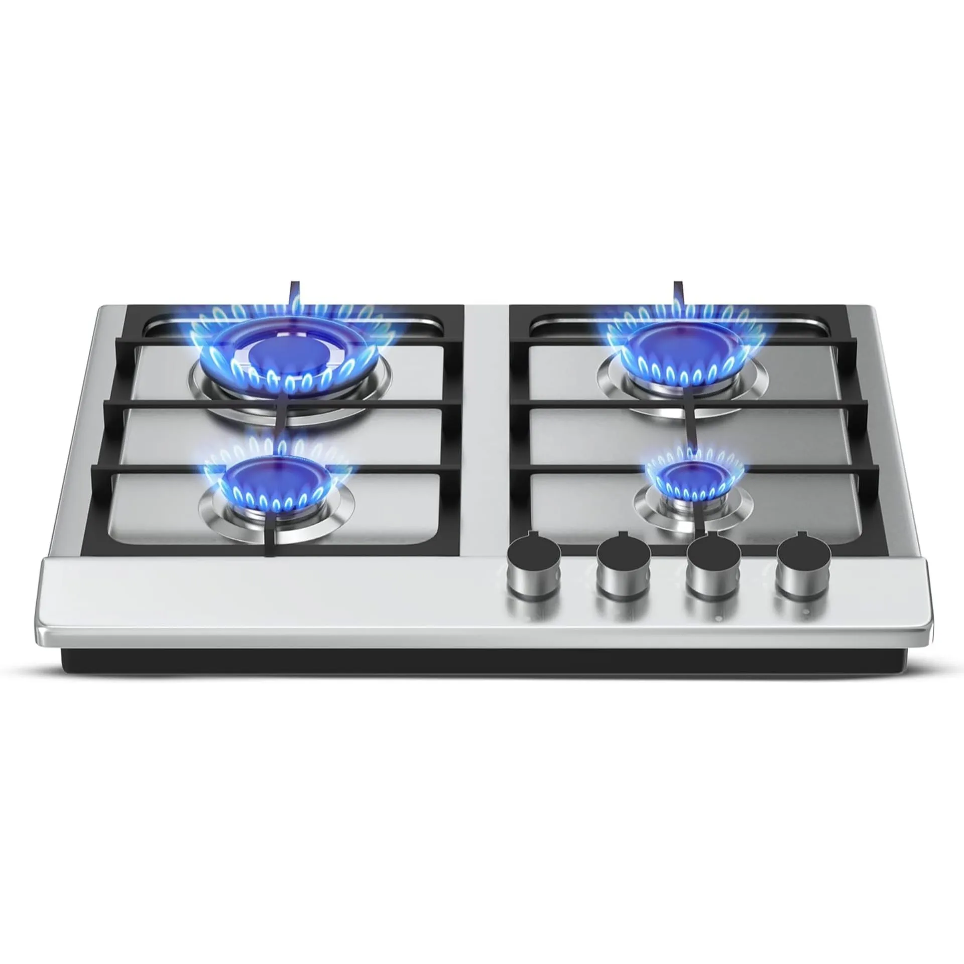 Nobel NGH3005 4 Burner Built-In Gas Hob – Stainless Steel Gas Cooktop with Cast Iron Pan Supports, Auto Ignition, Flame Safety Device, Rapid Burners & Silver Finish