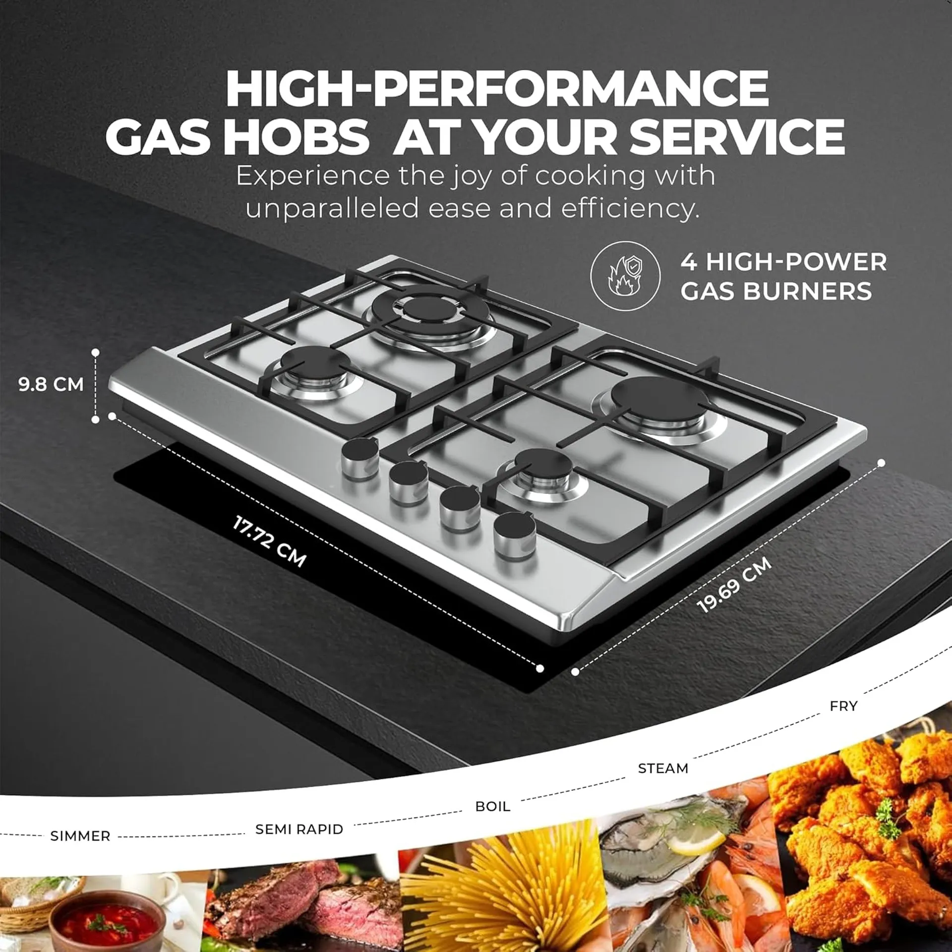 Nobel NGH3005 4 Burner Built-In Gas Hob – Stainless Steel Gas Cooktop with Cast Iron Pan Supports, Auto Ignition, Flame Safety Device, Rapid Burners & Silver Finish 3