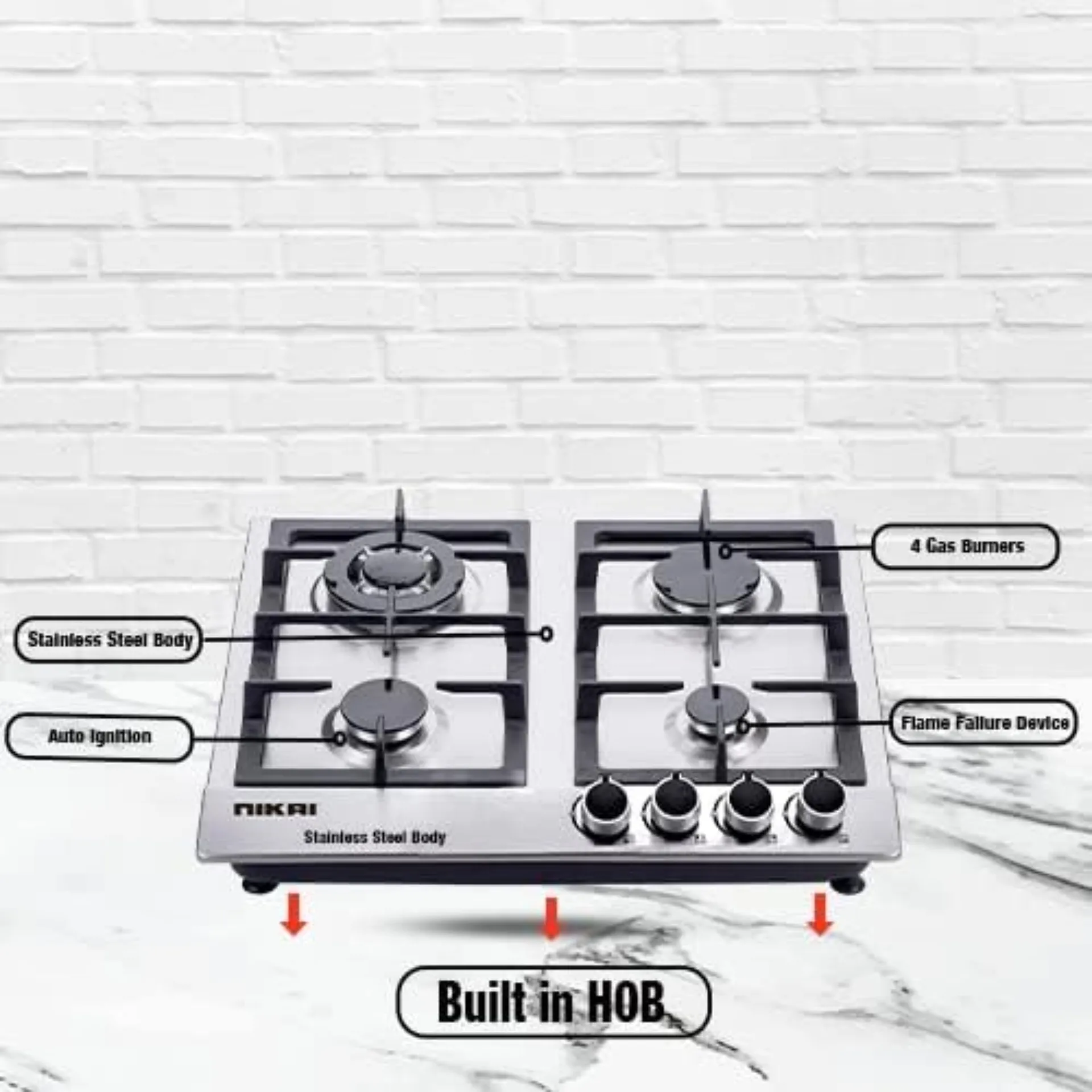 Nobel NGH3005 4 Burner Built-In Gas Hob – Stainless Steel Gas Cooktop with Cast Iron Pan Supports, Auto Ignition, Flame Safety Device, Rapid Burners & Silver Finish 5