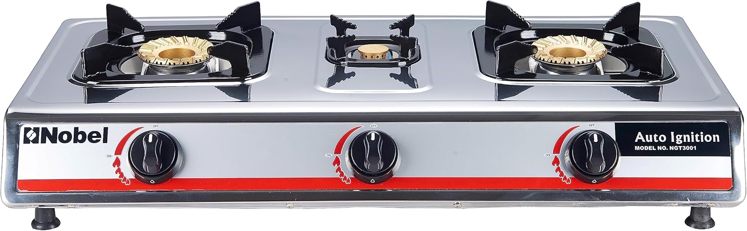 Nobel NGT3001 Three-Burner Tabletop Gas Stove, 3 Brass Burners, 6.3kW Total Heat Input, Stainless Steel Body, Enamel Porcelain Trivets, Automatic Ignition, Individual Flame Controls, Silver – 1 Year Warranty