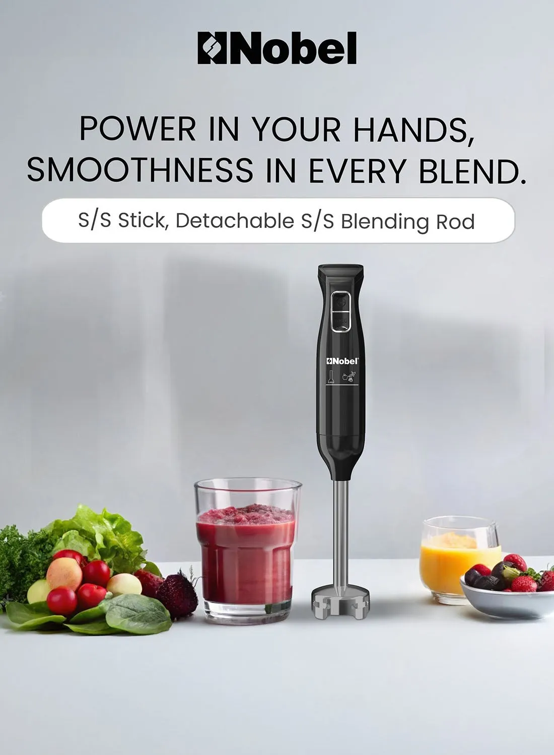 Nobel NHB12 400W Hand Blender – Black Immersion Blender with Stainless Steel Detachable Blending Rod, Stainless Steel Blade, 2 Speed Control, DC Motor & Comfortable Grip Design