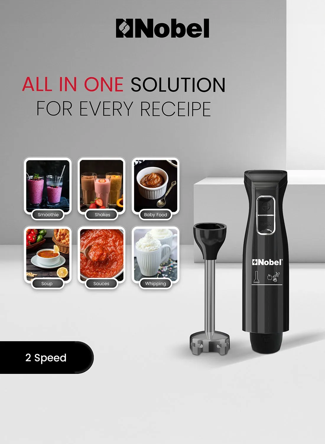 Nobel NHB12 400W Hand Blender – Black Immersion Blender with Stainless Steel Detachable Blending Rod, Stainless Steel Blade, 2 Speed Control, DC Motor & Comfortable Grip Design 3