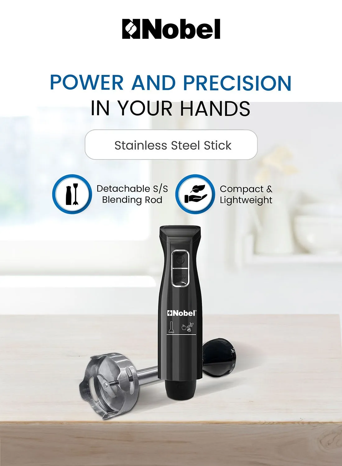 Nobel NHB12 400W Hand Blender – Black Immersion Blender with Stainless Steel Detachable Blending Rod, Stainless Steel Blade, 2 Speed Control, DC Motor & Comfortable Grip Design 5