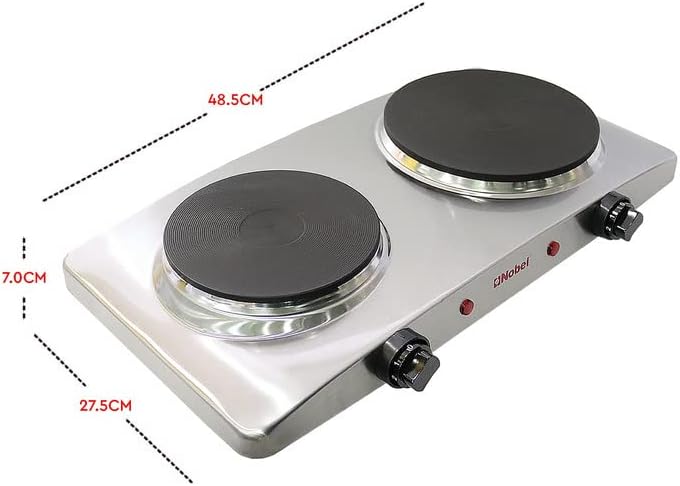 Nobel NHP402SS Double Electric Hot Plate, 2500W, 185mm + 155mm Cast-Iron Cooking Plates, Independent Thermostat Controls, Overheat Protection, Indicator Lights, Stainless-Steel Housing, Silver