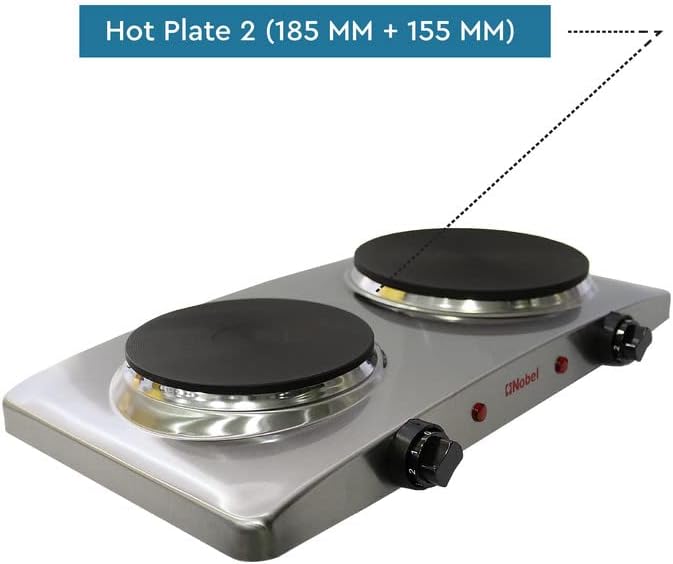 Nobel NHP402SS Double Electric Hot Plate, 2500W, 185mm + 155mm Cast-Iron Cooking Plates, Independent Thermostat Controls, Overheat Protection, Indicator Lights, Stainless-Steel Housing, Silver