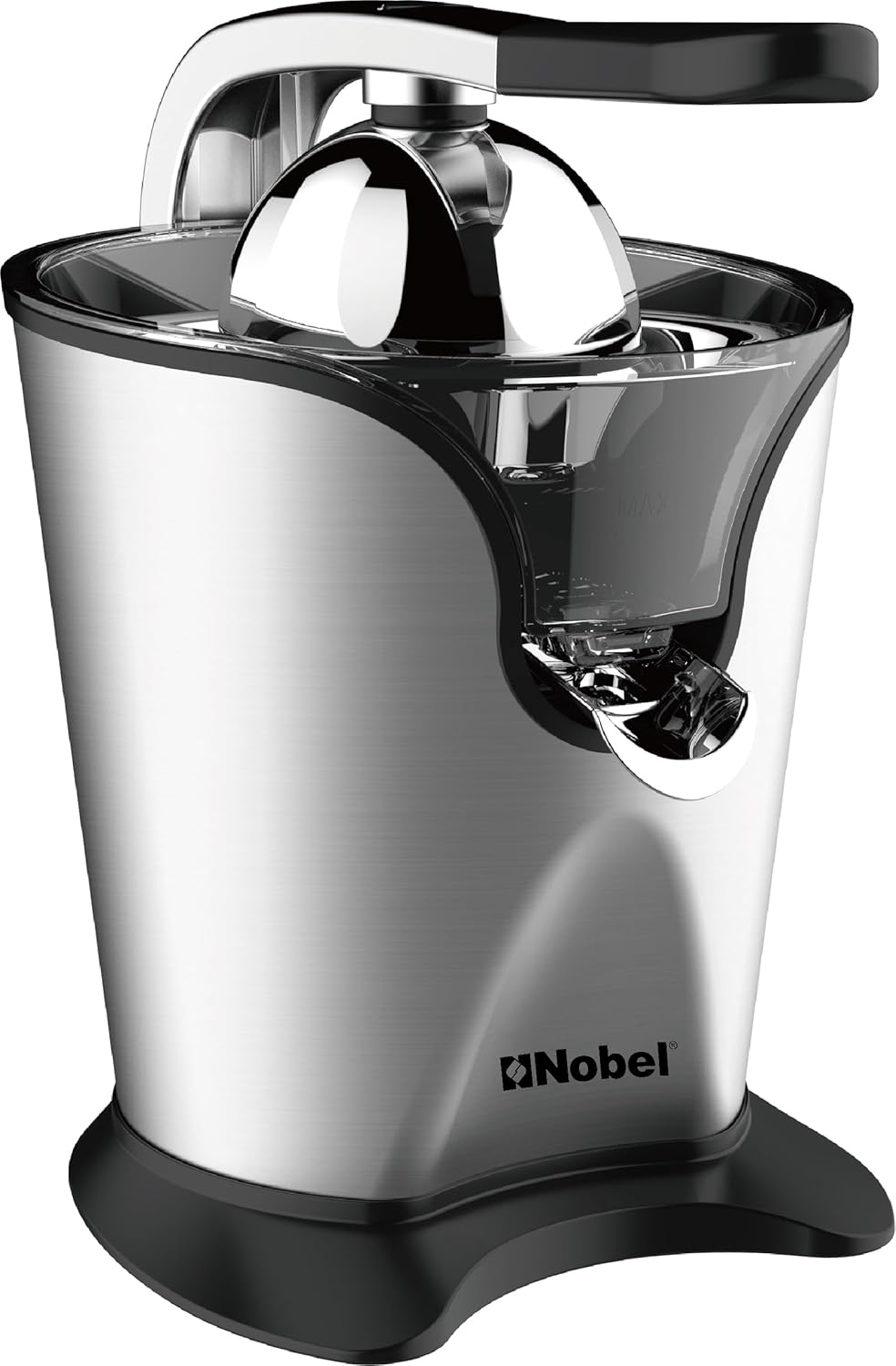 Nobel NJ407 Portable Handle Citrus Juicer, 160W Motor, 2 Interchangeable Cones, Stainless Steel Filter, Aluminium Die-Cast Press Handle, Anti-Drip Spout, Overheat Protection, Anti-Slip Feet, Silver/Black – 1 Year Warranty