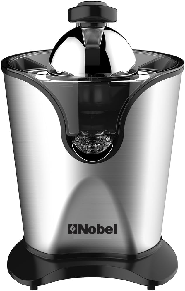 Nobel NJ407 Portable Handle Citrus Juicer, 160W Motor, 2 Interchangeable Cones, Stainless Steel Filter, Aluminium Die-Cast Press Handle, Anti-Drip Spout, Overheat Protection, Anti-Slip Feet, Silver/Black – 1 Year Warranty