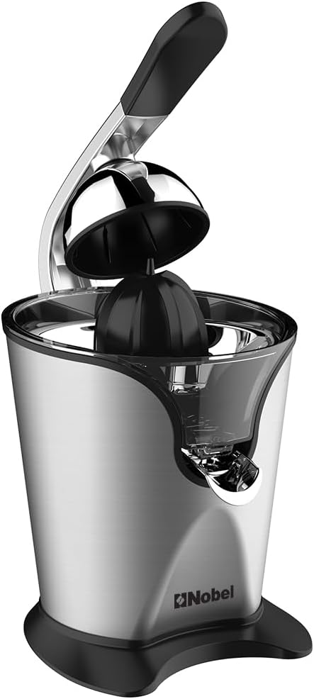 Nobel NJ407 Portable Handle Citrus Juicer, 160W Motor, 2 Interchangeable Cones, Stainless Steel Filter, Aluminium Die-Cast Press Handle, Anti-Drip Spout, Overheat Protection, Anti-Slip Feet, Silver/Black – 1 Year Warranty 3