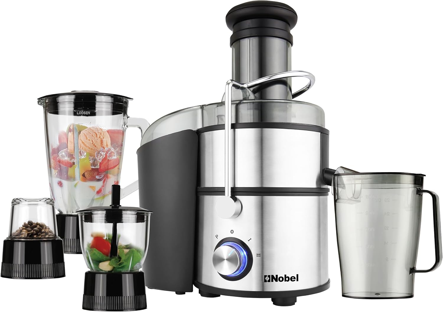 Nobel NJE404E 4-in-1 Juicer, Blender, Chopper and Grinder, 800W Motor, 1.5L Glass Blender Jar, 1.1L Juice Cup, 2L Pulp Container, 75mm Feeding Tube, 2 Speeds with Pulse, Stainless-Steel Strainer, Safety Lock, Black/Silver