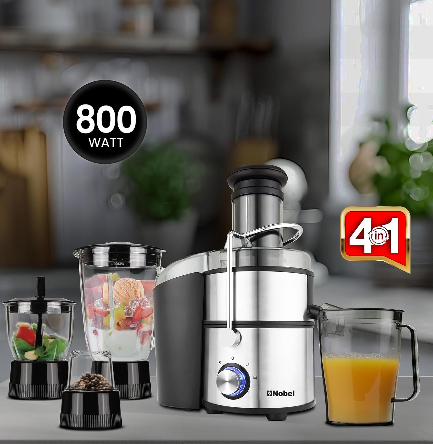 Nobel NJE404E 4-in-1 Juicer, Blender, Chopper and Grinder, 800W Motor, 1.5L Glass Blender Jar, 1.1L Juice Cup, 2L Pulp Container, 75mm Feeding Tube, 2 Speeds with Pulse, Stainless-Steel Strainer, Safety Lock, Black/Silver
