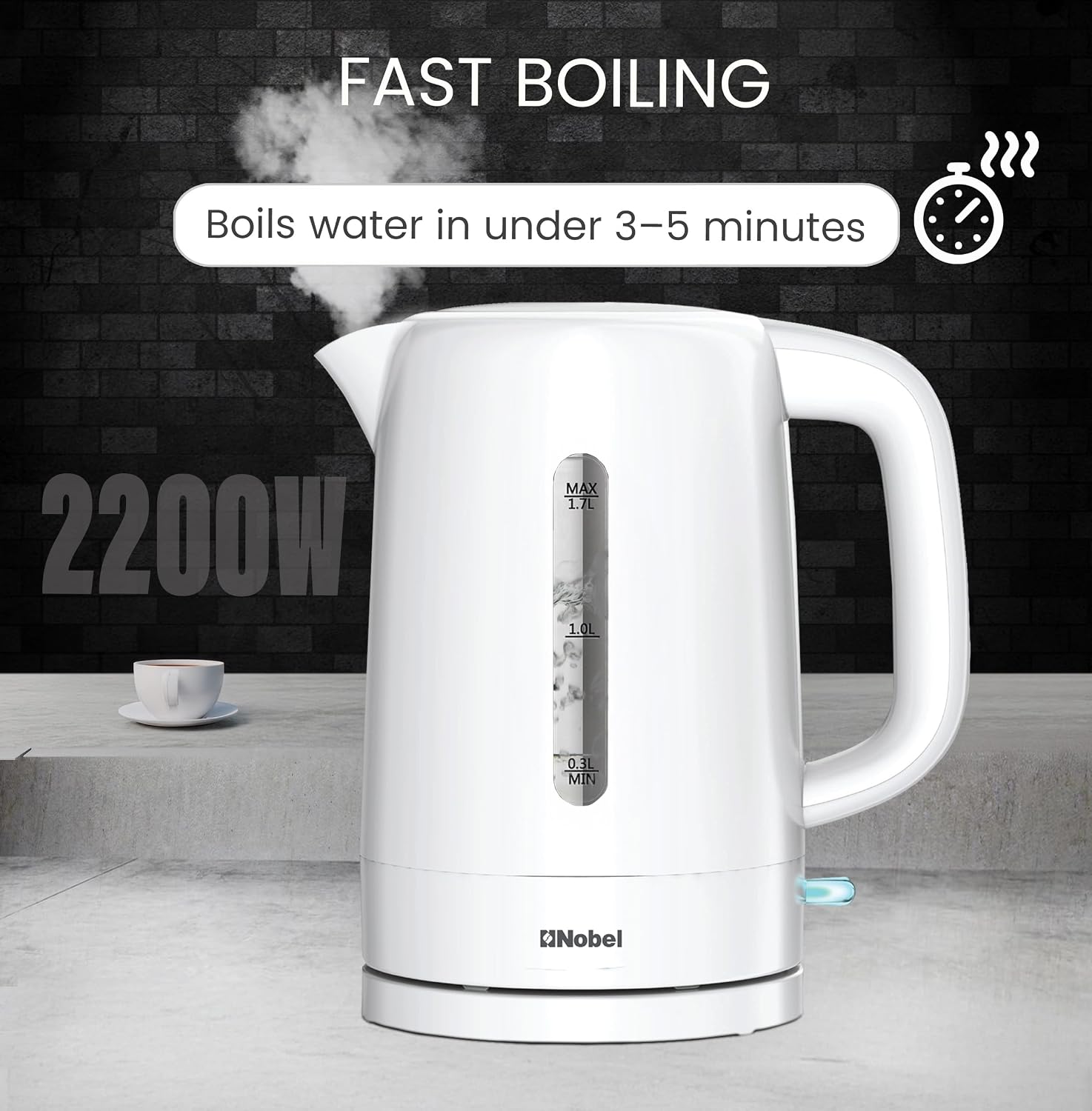 Nobel NK17PW 1.7L Cordless Electric Kettle, 1850–2200W, 360° Strix Control, Water-Level Window, Boil-Dry Protection, Automatic Shut-Off, Plastic Housing, White