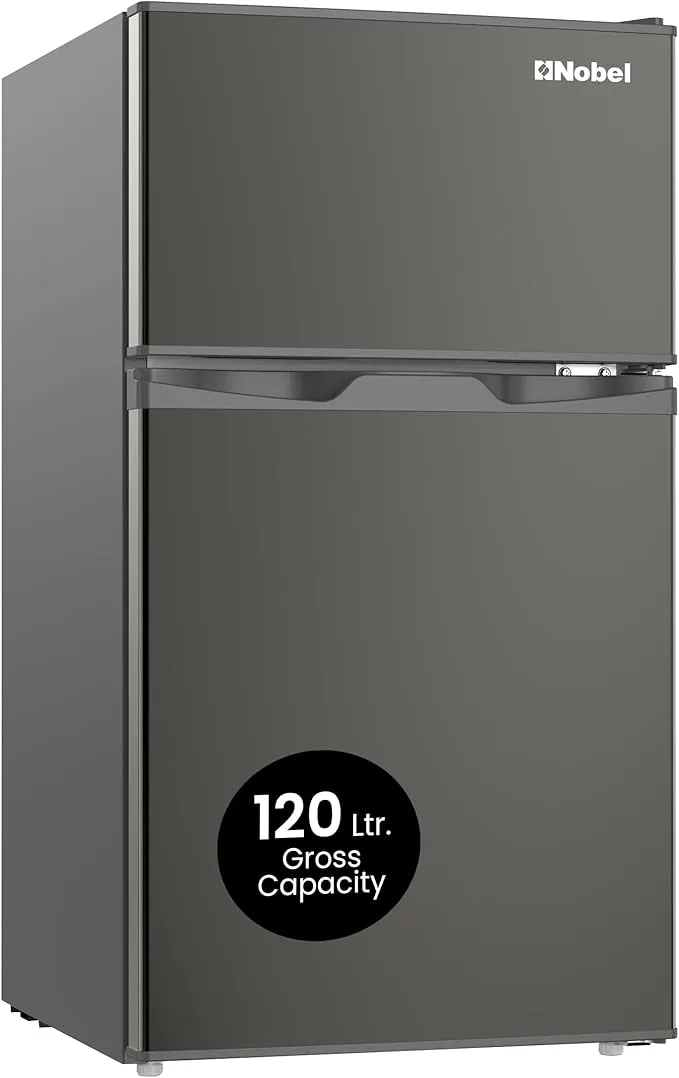 Nobel NR120S Double Door Refrigerator – 95L Gross / 85L Net Capacity, Top Mount Freezer, Defrost Cooling, R600a Refrigerant, Mechanical Temperature Control, Dark Silver