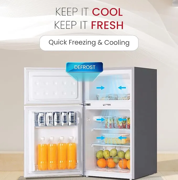 Nobel NR120S Double Door Refrigerator – 95L Gross / 85L Net Capacity, Top Mount Freezer, Defrost Cooling, R600a Refrigerant, Mechanical Temperature Control, Dark Silver