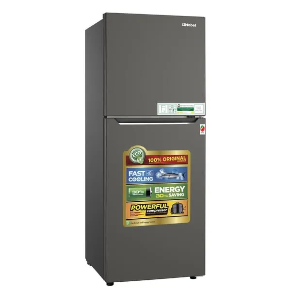 Nobel NR280NF 280L Gross / 196L Net No Frost Double Door Refrigerator – Top Mount Freezer with R600a Refrigerant, LED Interior Light, Glass Shelves, Vegetable Crisper, Bottle Rack & Dark Silver Finish