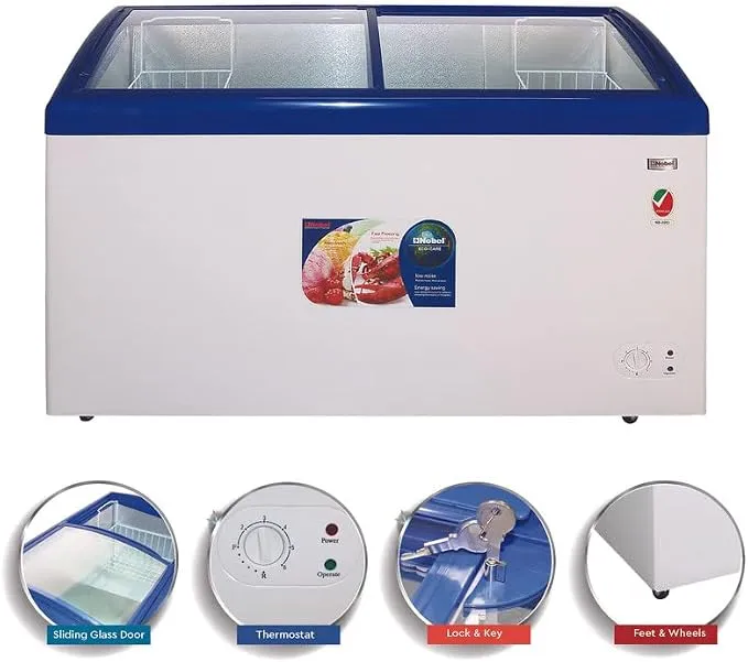 Nobel NSC495 Chest Freezer – 360L Gross Capacity Sliding Glass Door Deep Freezer with Fast Freezing Function, R134a Refrigerant, Storage Basket, LED Interior Light, Lock & Key, Adjustable Feet & White Finish