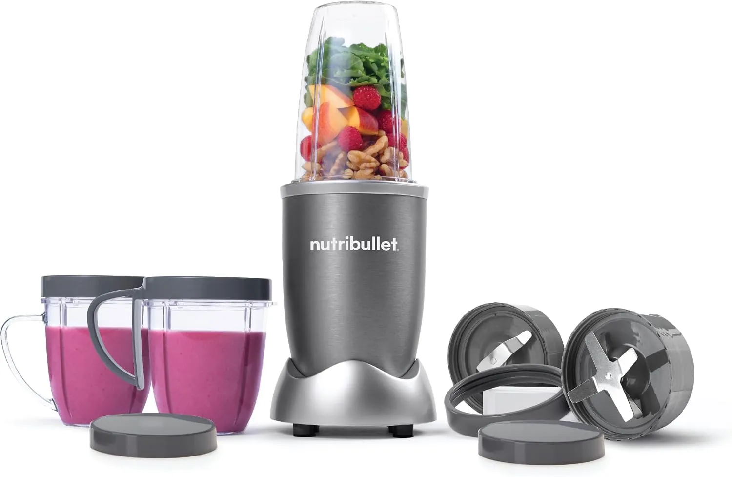 NutriBullet 600 Watts, 9pc Accessories, Multi-Function High Speed Blender, Mixer System With Nutrient Extractor, Smoothie Maker, Grey, NBR-1212M