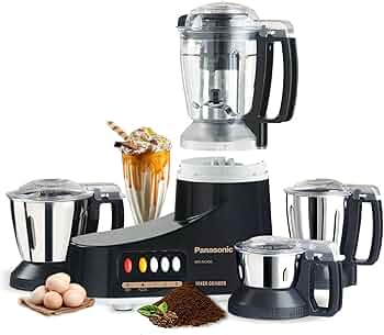 Panasonic 5-Piece Electric Mixer Grinder Set, 1000W Max Locked Wattage, Multiple Jars, Stainless Steel Blades & Multi-Purpose Grinding Functions – MX-AC400, Black/Silver/Clear