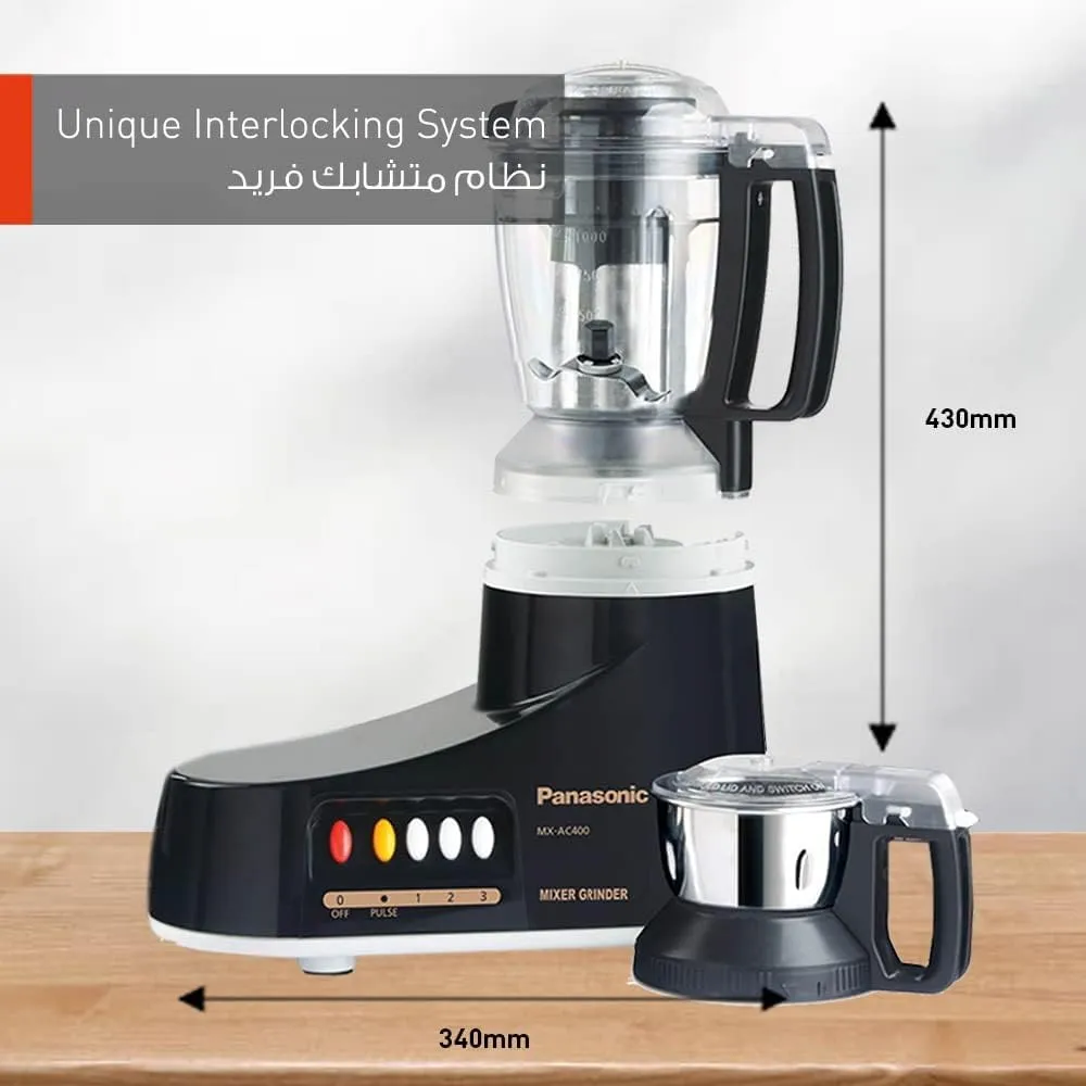 Panasonic Super Mixer Grinder, 1000W, Mx-Ac400, Black, 3 Stainless Steel Jars, 1 Juicer Jar 3