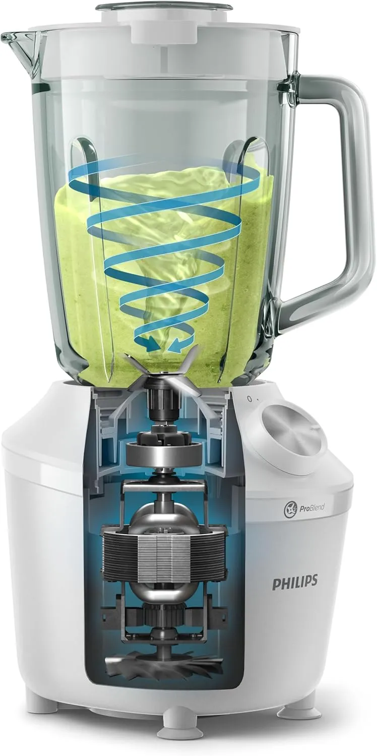 Philips 3000 Series Blender - 600W, 2L Capacity, Glass Jar, ProBlend System, 2 Speed Setting + Pluse - HR2291/20 White 3