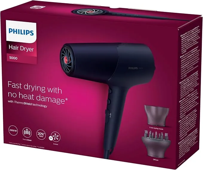 Philips 5000 Series Hair Dryer with ThermoShield Technology, 3 Heat and 2 Speed Levels, 2300 W Drying Power, BHD510/00