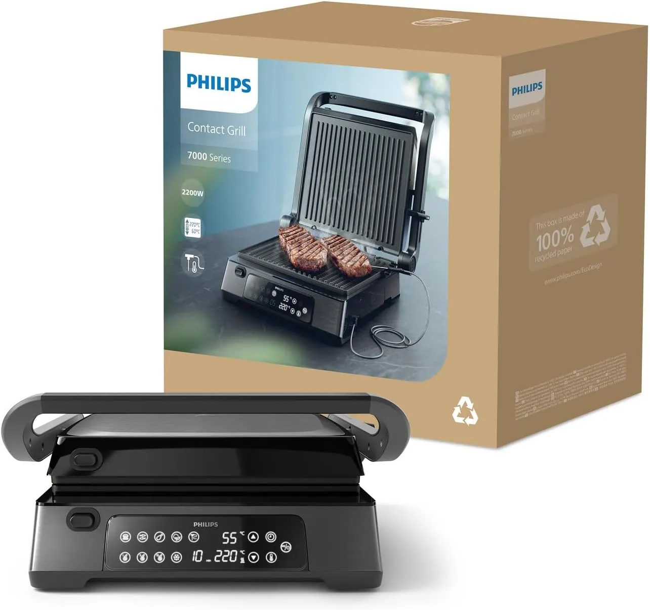 Philips 7000 Series Contact Grill- 2200W,Opens 180° for countertop grilling, Precision digital control,8 preset functions, adjustable height, handle lock, Removable drip tray,- HD6307/70 2