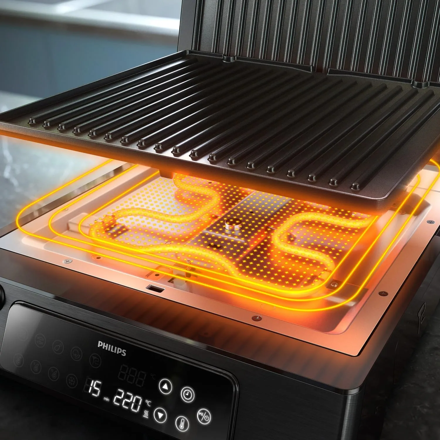 Philips 7000 Series Contact Grill- 2200W,Opens 180° for countertop grilling, Precision digital control,8 preset functions, adjustable height, handle lock, Removable drip tray,- HD6307/70 4