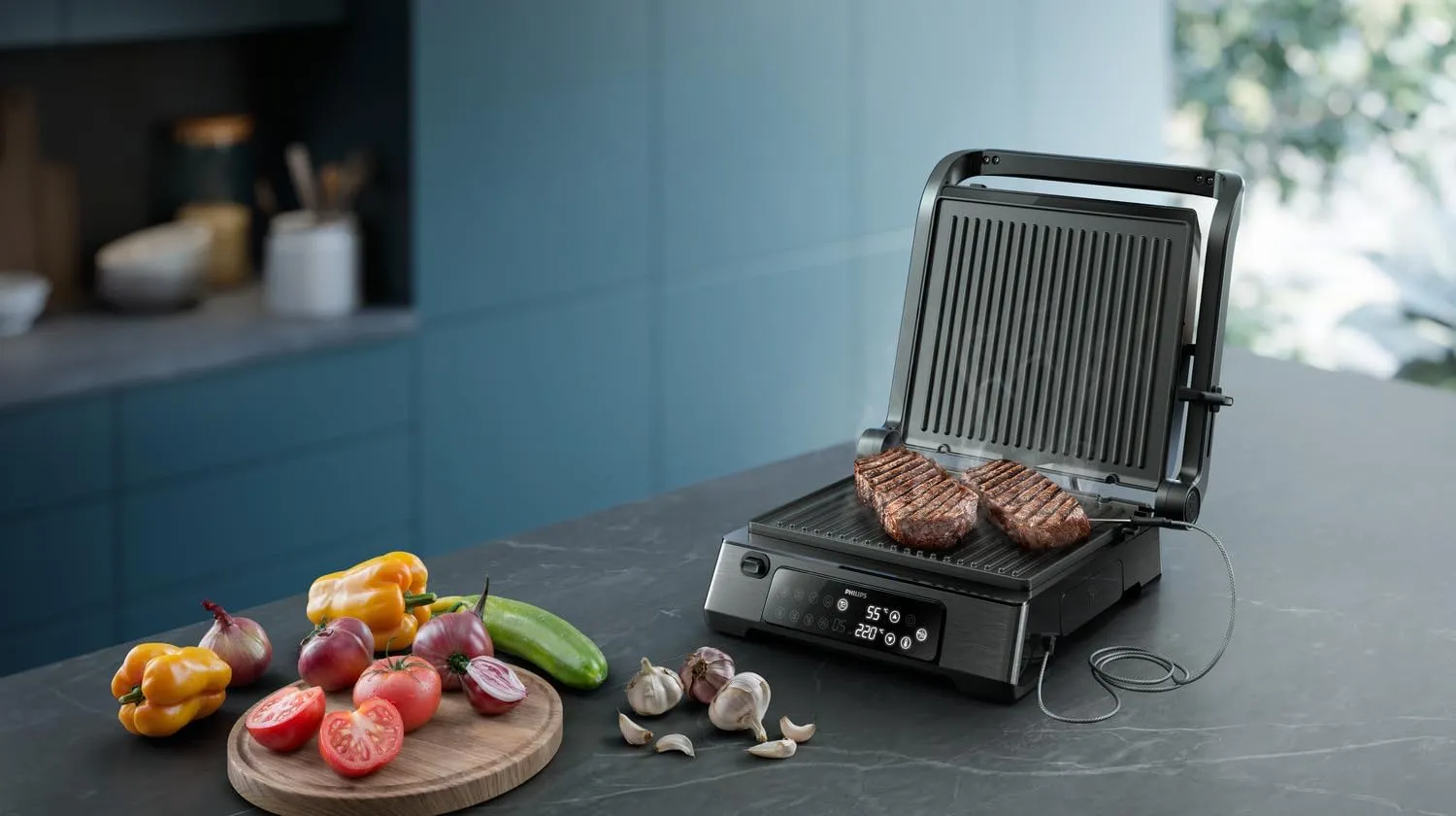 Philips 7000 Series Contact Grill- 2200W,Opens 180° for countertop grilling, Precision digital control,8 preset functions, adjustable height, handle lock, Removable drip tray,- HD6307/70 5