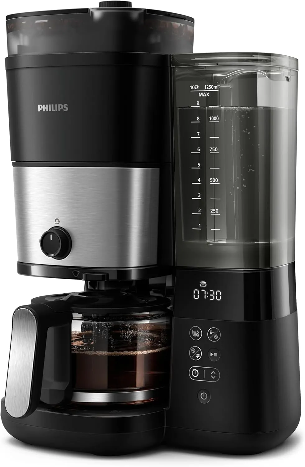 Philips All-in-1 Brew Drip Coffee Maker With Built-in grinder - 10 cups, Permanent filter, Duo-bean Container, LED Display - HD7900/50