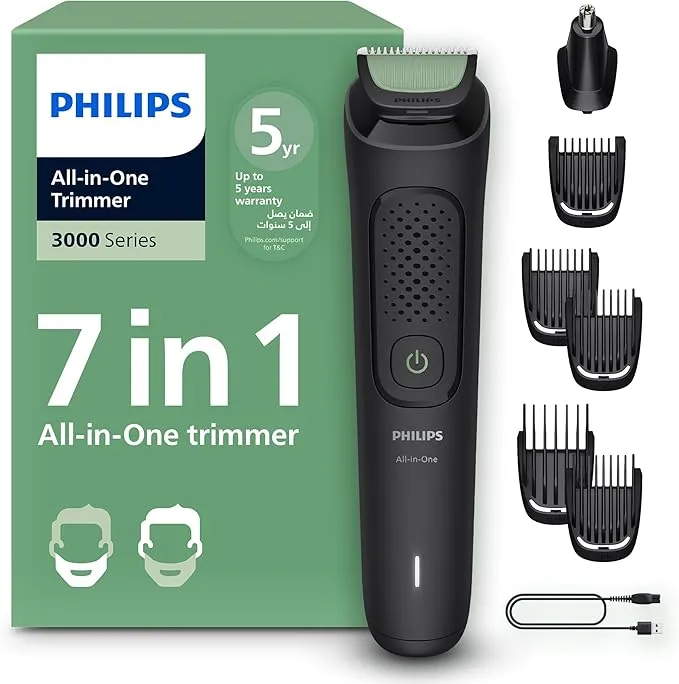 Philips All-in-One Trimmer MG3920/15 | 7-in-1 Beard, Hair & Nose trimmer | 60 min cordless | USB-A charging | Washable parts | Pouch included