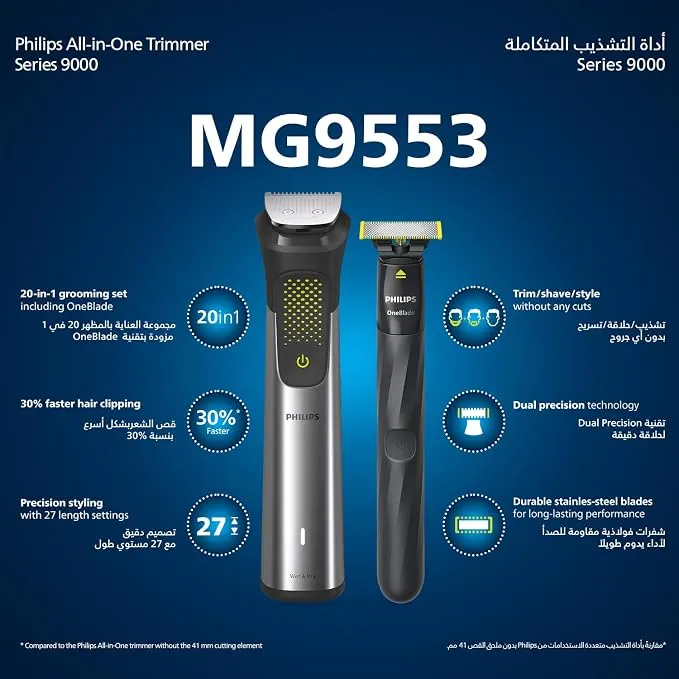 Philips All-in-One Trimmer MG9553/15 | 20-in-1 Face, Hair & Body Grooming | OneBlade for Precision Styling | 120min Cordless Use, Showerproof | Travel Pouch 5
