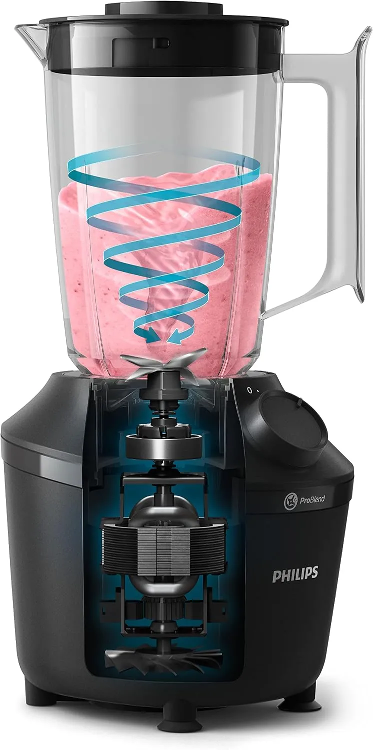 Philips Blender 3000 Series, ProBlend System, 1.9L Maximum Capacity, 1L Effective Capacity, 450W, 1 Speed Setting + Pulse, Plastic Jar, Black, (HR2041/01), Smooth blends with no lumps in 45 seconds 3