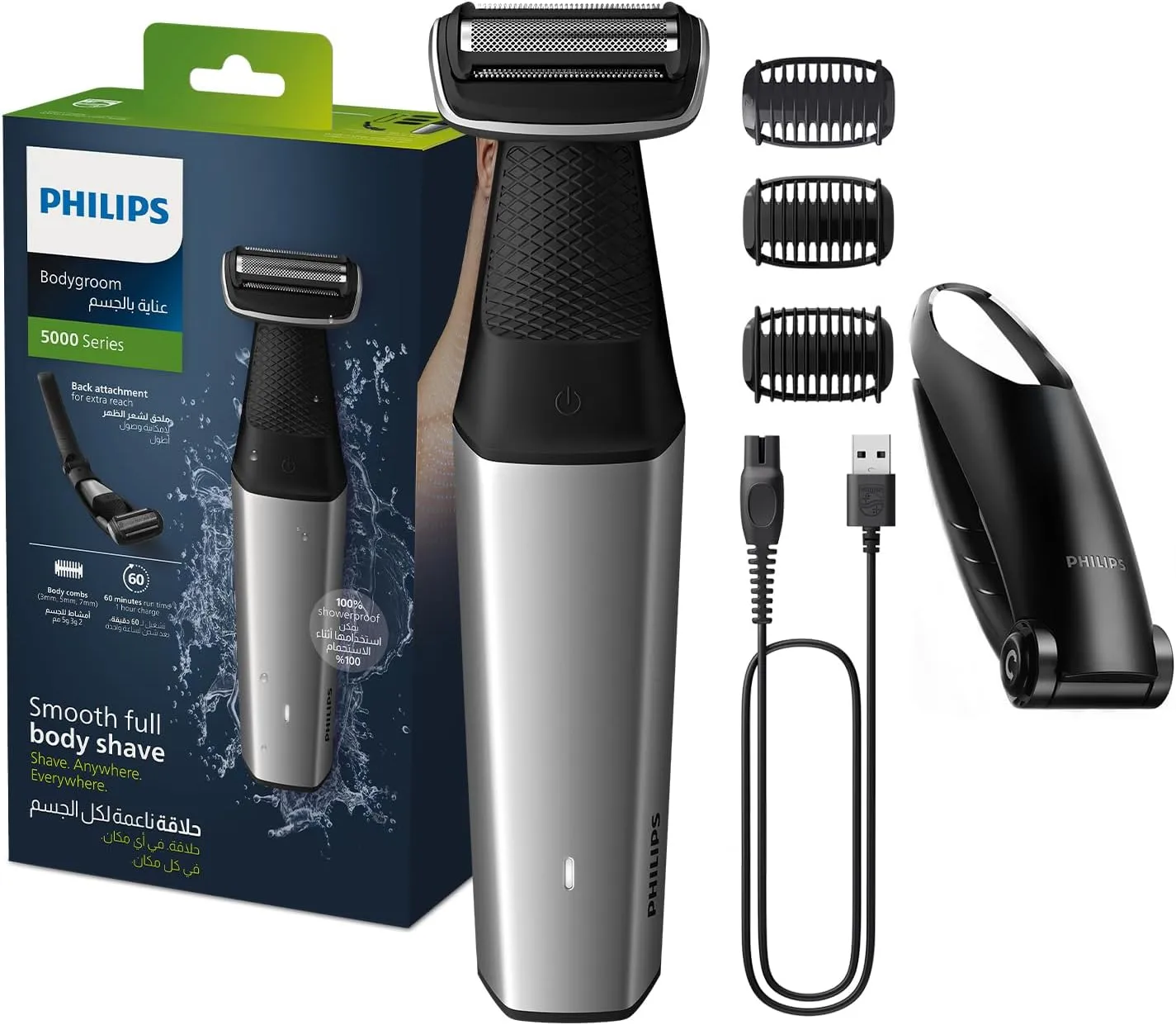 Philips Bodygroom BG5021/15 | Showerproof Groin & Body Trimmer | Body Shaver, 3-Length Combs | 60min Cordless, Skin Protection, Back Reach Attachment
