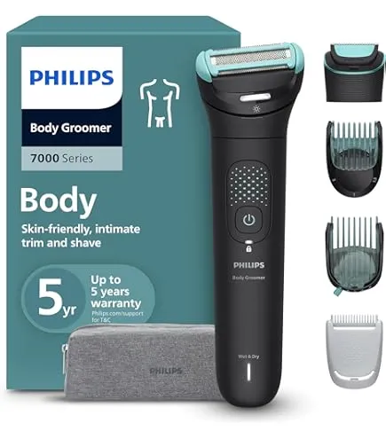 Philips Bodygroom Series 7000 BG7025/13 Showerproof Groin & Body Trimmer, 4D Contour-Following Body Shaver, 5-Length Adjustable Comb, 80-Minute Cordless Use, Silver/Black