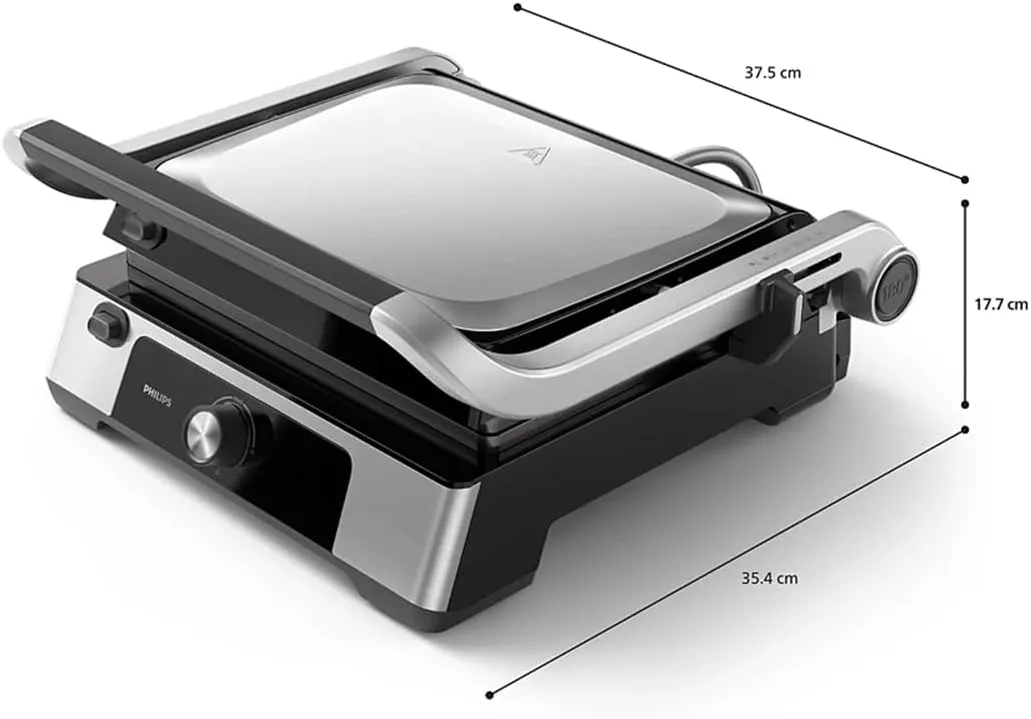Philips Contact Grill 5000 Series - 2200W, Open 180° Flat Grilling, Adjustable Height, Removable Plates, High Power, Handle Lock, Silver/Black - HD6301/90 3